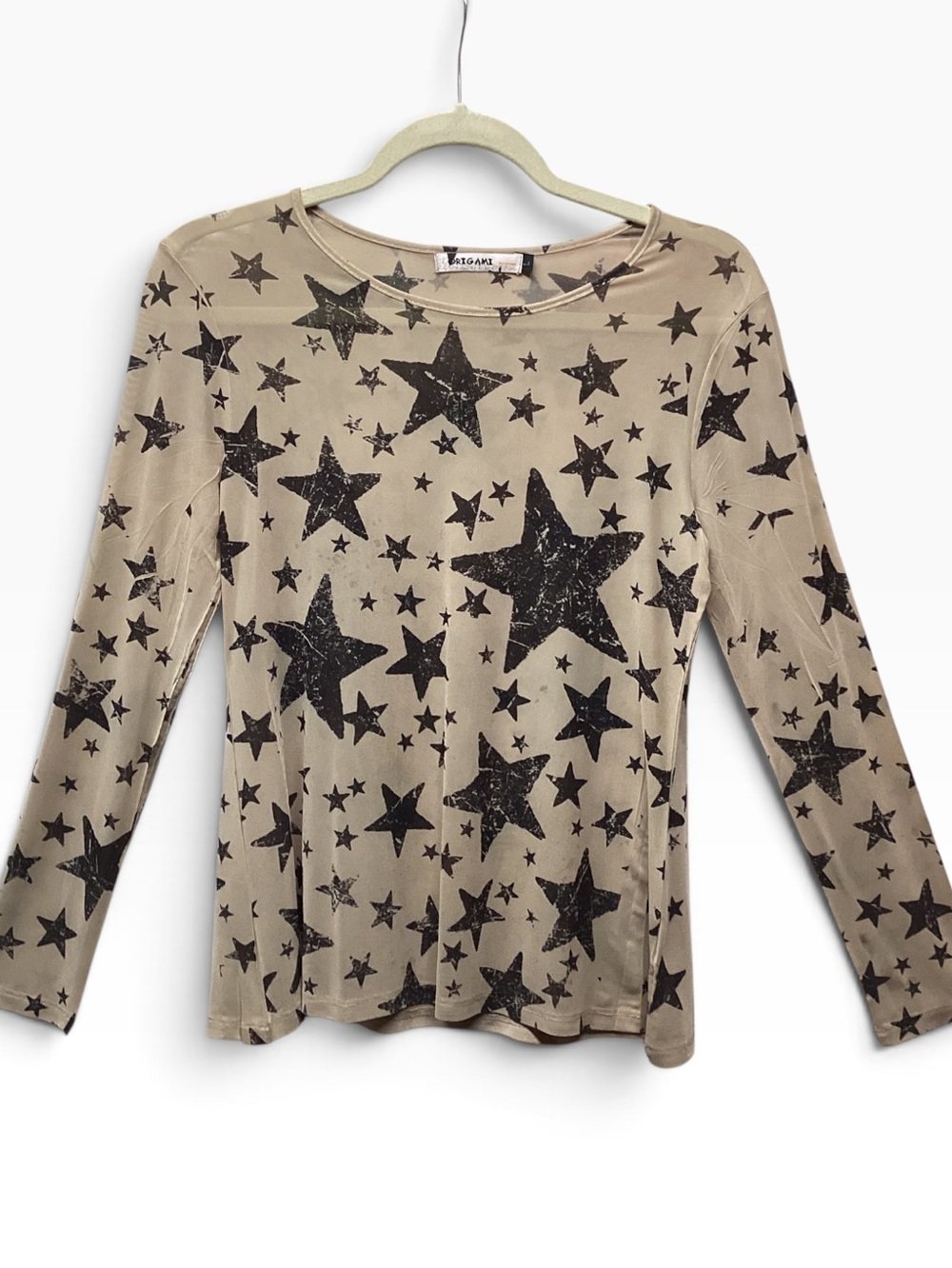 Origami beige sheer mesh layering top with black vintage distressed stars Large